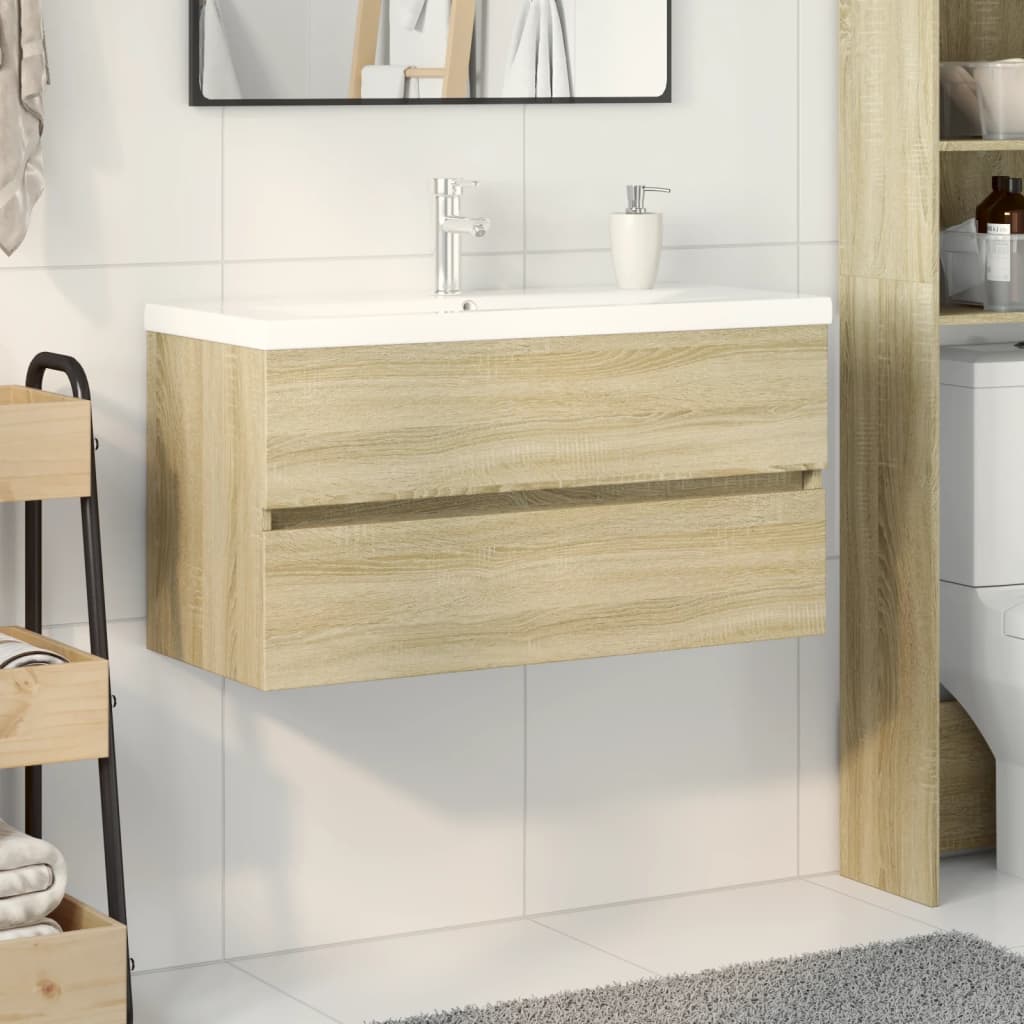 Vetonek Set de mueble de baño 2 piezas cerámica y madera de ingeniería