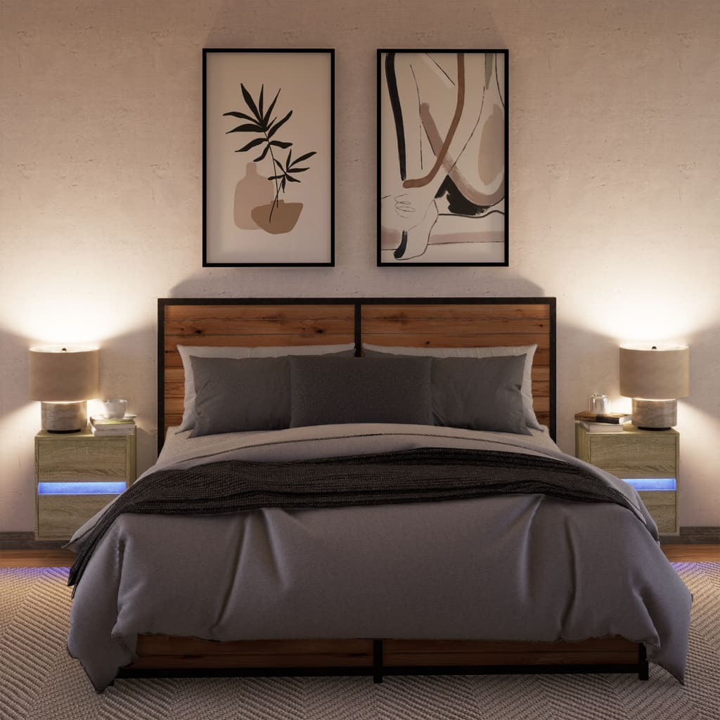 Mesitas de noche de pared con luces LED 2 unidades roble Sonoma - Vetonek