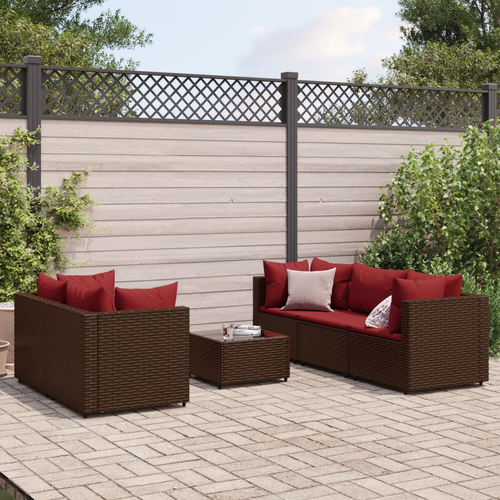 Set muebles de jardín 6 piezas y cojines ratán sintético marrón