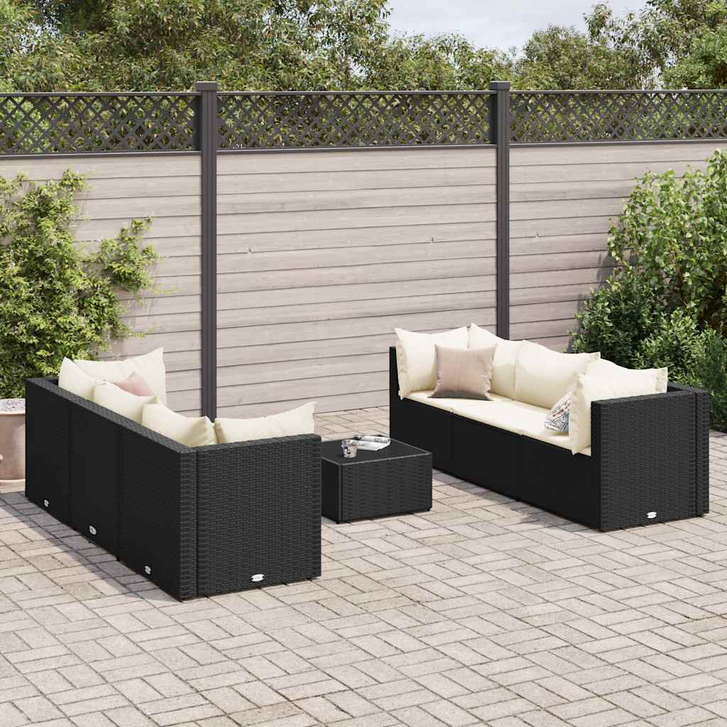 Vetonek Set de muebles de jardín y cojines 7 pzas ratán sintético negro