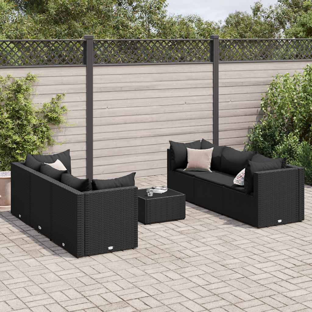 Vetonek Set de muebles de jardín y cojines 7 pzas ratán sintético negro