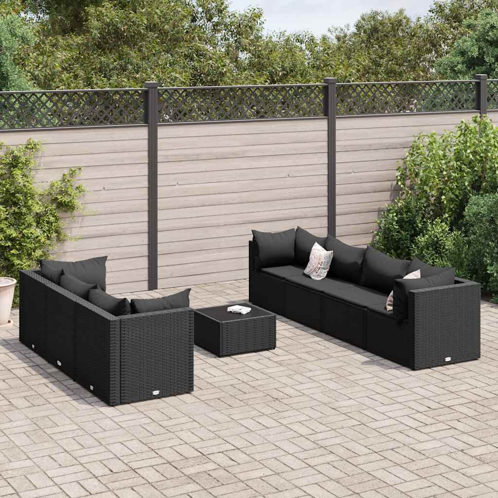 Vetonek Set de muebles de jardín 8 pzas y cojines ratán sintético negro