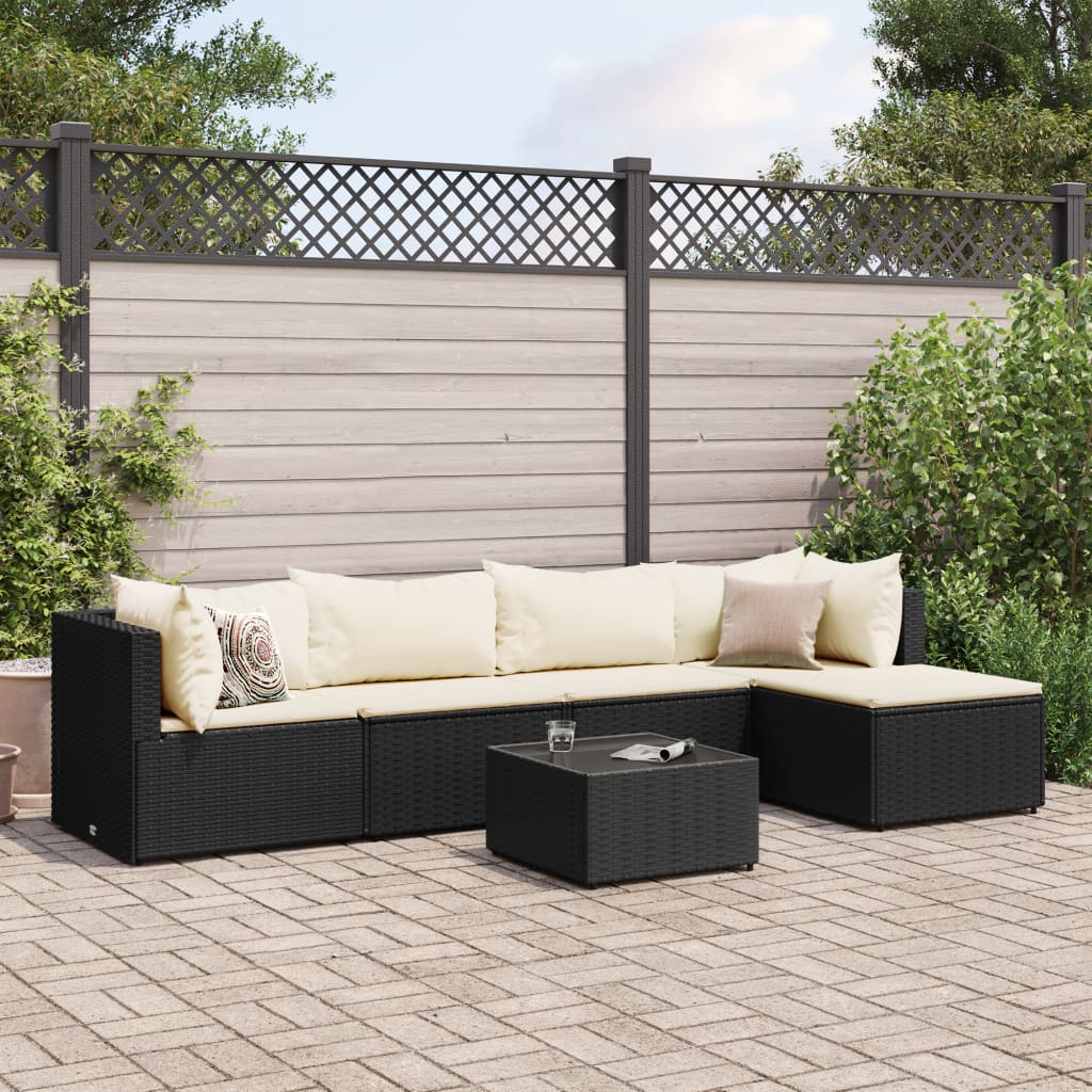 Vetonek Set muebles de jardín 6 piezas y cojines ratán sintético negro