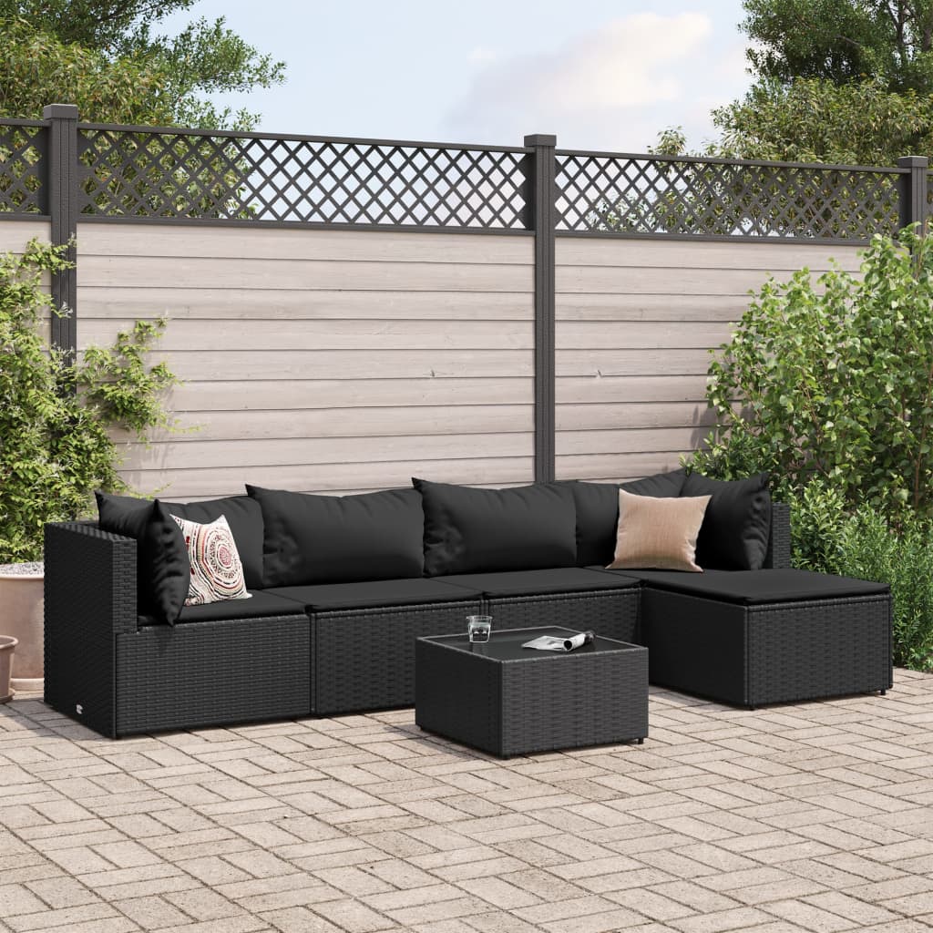 Vetonek Set muebles de jardín 6 piezas y cojines ratán sintético negro