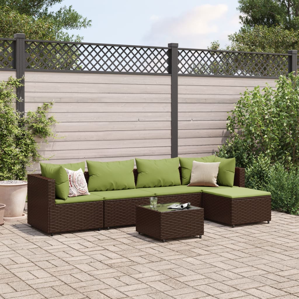 Set muebles de jardín 6 piezas y cojines ratán sintético marrón