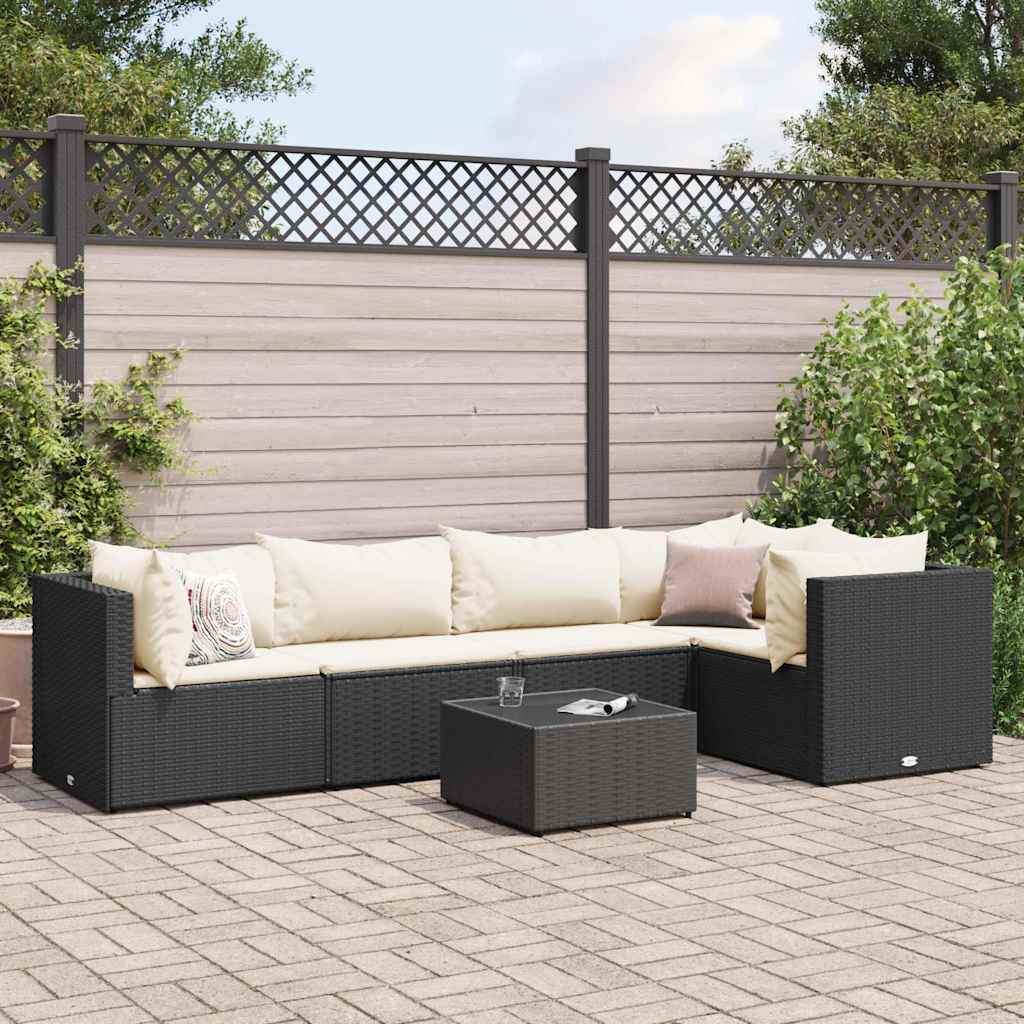 Vetonek Set muebles de jardín 6 piezas y cojines ratán sintético negro