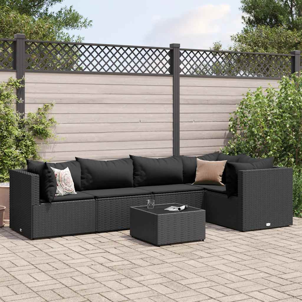 Vetonek Set muebles de jardín 6 piezas y cojines ratán sintético negro