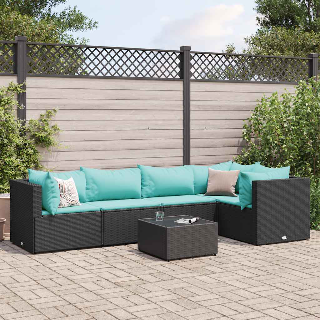 Vetonek Set muebles de jardín 6 piezas y cojines ratán sintético negro