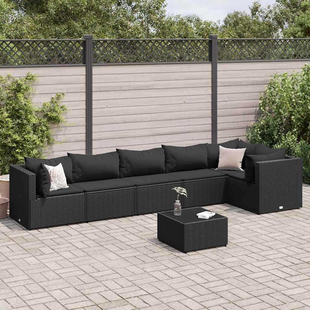 Vetonek Set de muebles de jardín y cojines 7 pzas ratán sintético negro