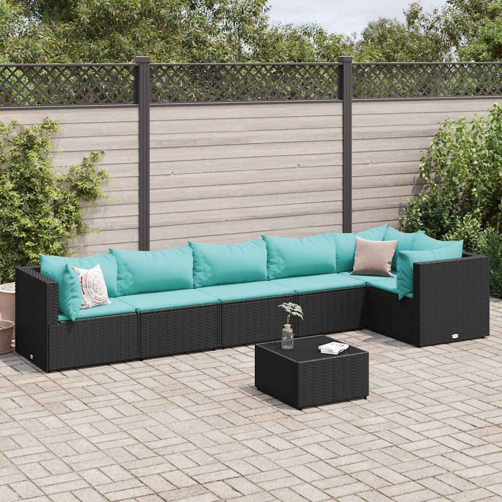 Vetonek Set de muebles de jardín y cojines 7 pzas ratán sintético negro