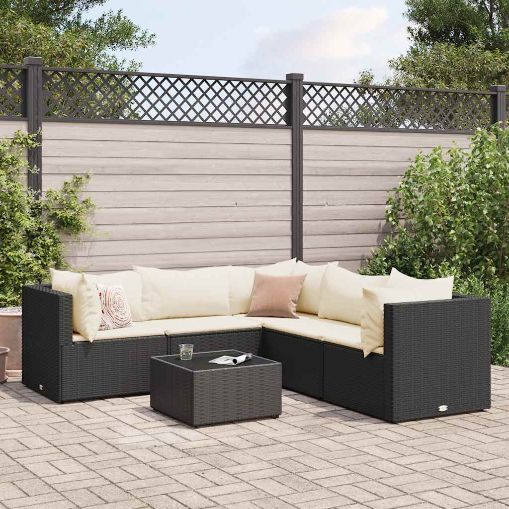 Vetonek Set muebles de jardín 6 piezas y cojines ratán sintético negro