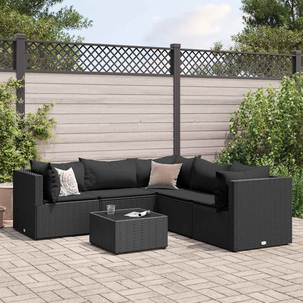 Vetonek Set muebles de jardín 6 piezas y cojines ratán sintético negro