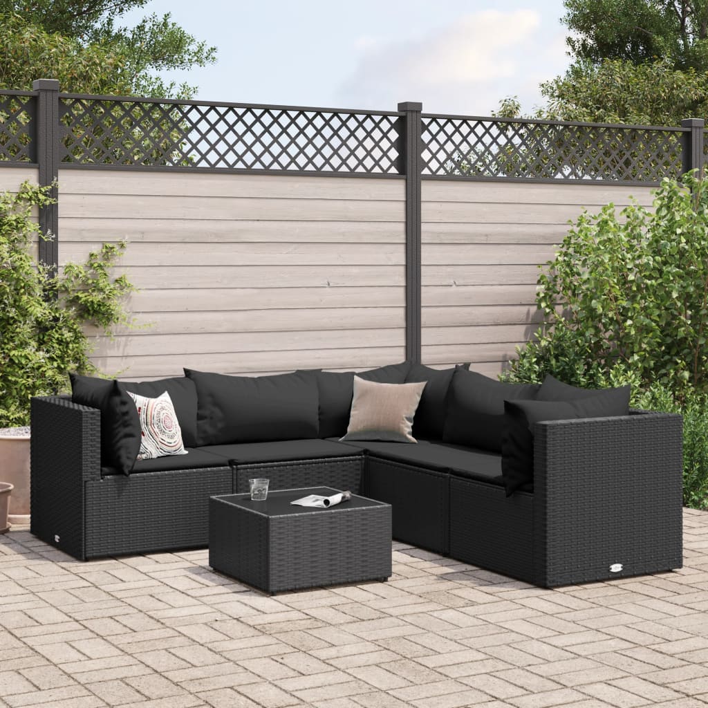 Set muebles de jardín 6 piezas y cojines ratán sintético negro