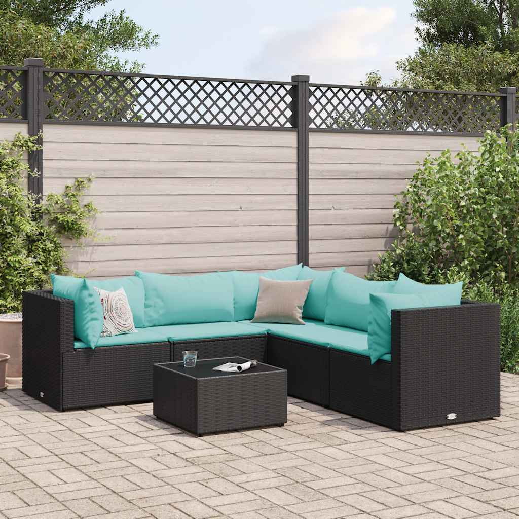 Vetonek Set muebles de jardín 6 piezas y cojines ratán sintético negro