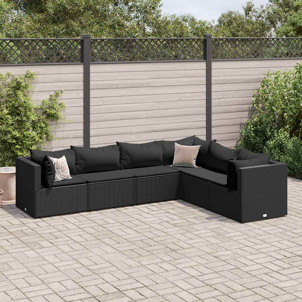 Vetonek Set muebles de jardín 6 piezas y cojines ratán sintético negro