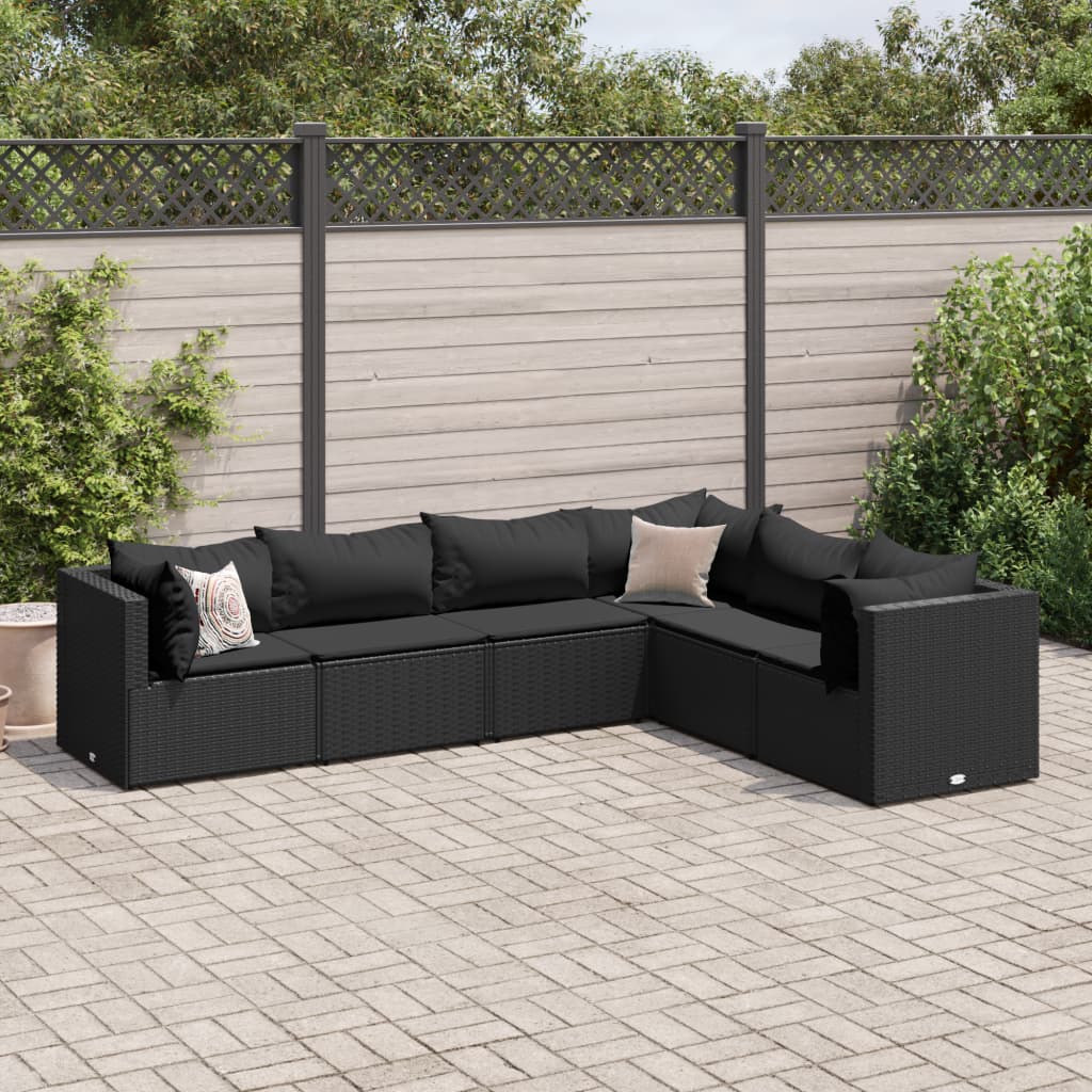 Set muebles de jardín 6 piezas y cojines ratán sintético negro