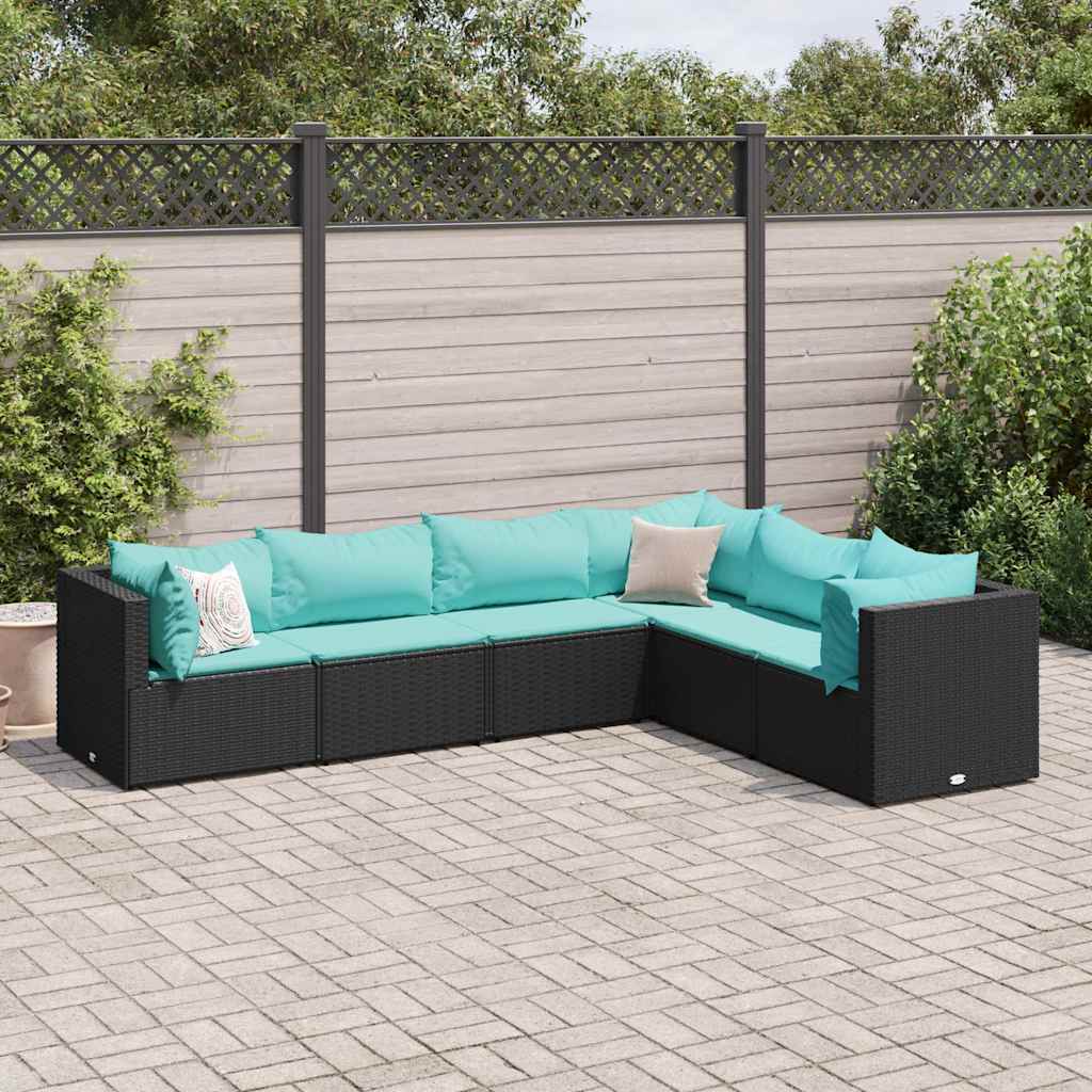 Vetonek Set muebles de jardín 6 piezas y cojines ratán sintético negro