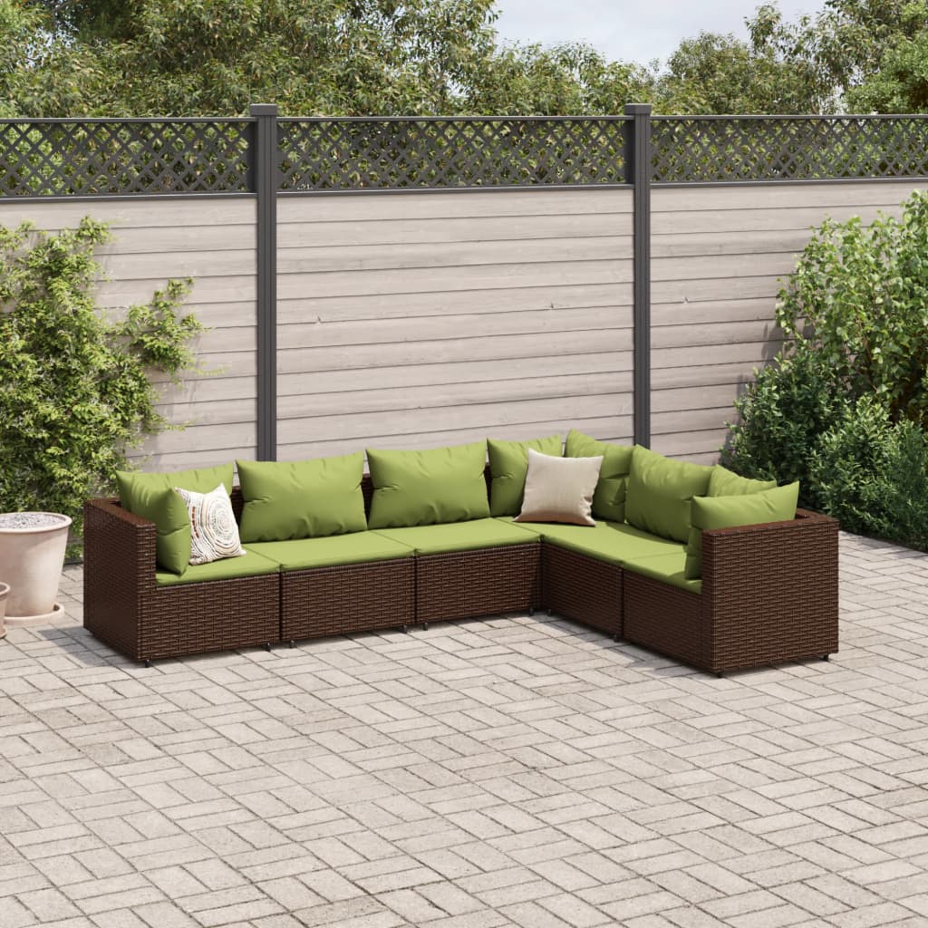 Set muebles de jardín 6 piezas y cojines ratán sintético marrón