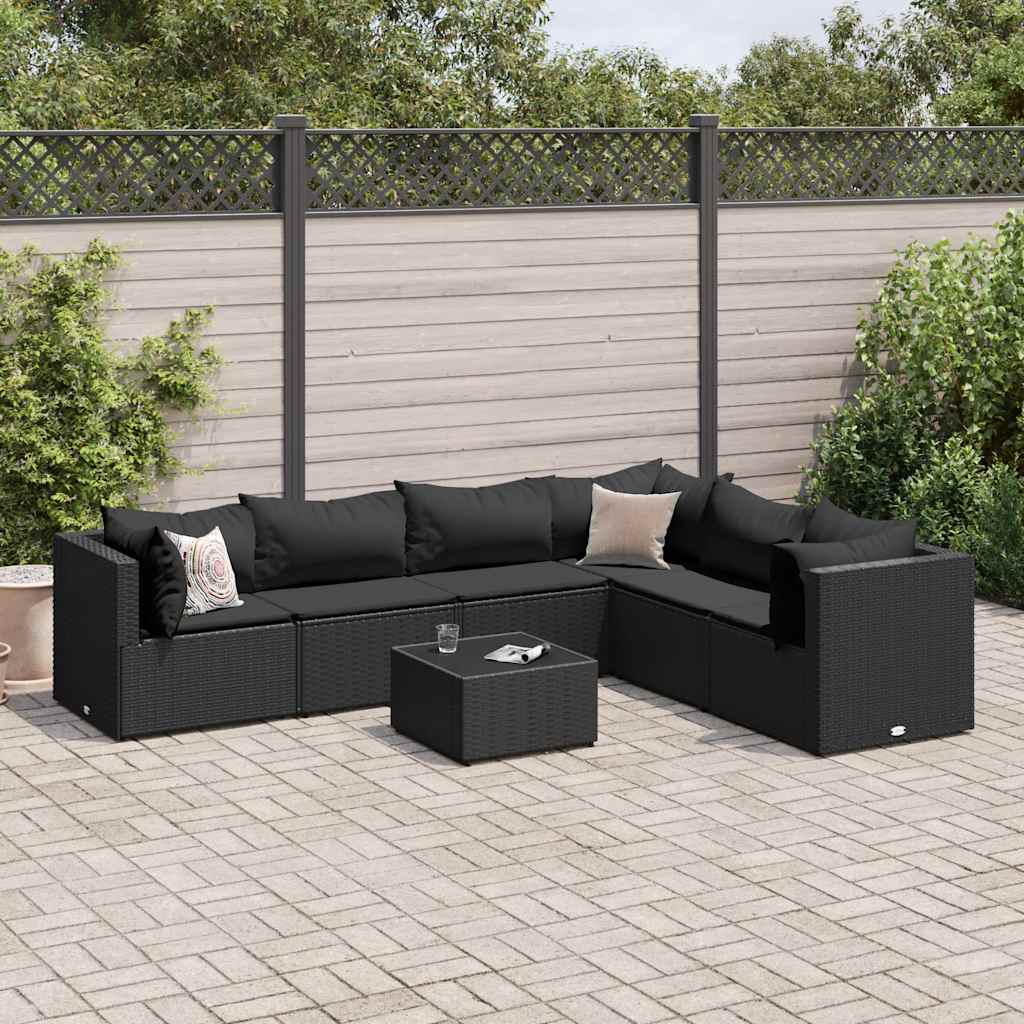 Vetonek Set de muebles de jardín y cojines 7 pzas ratán sintético negro