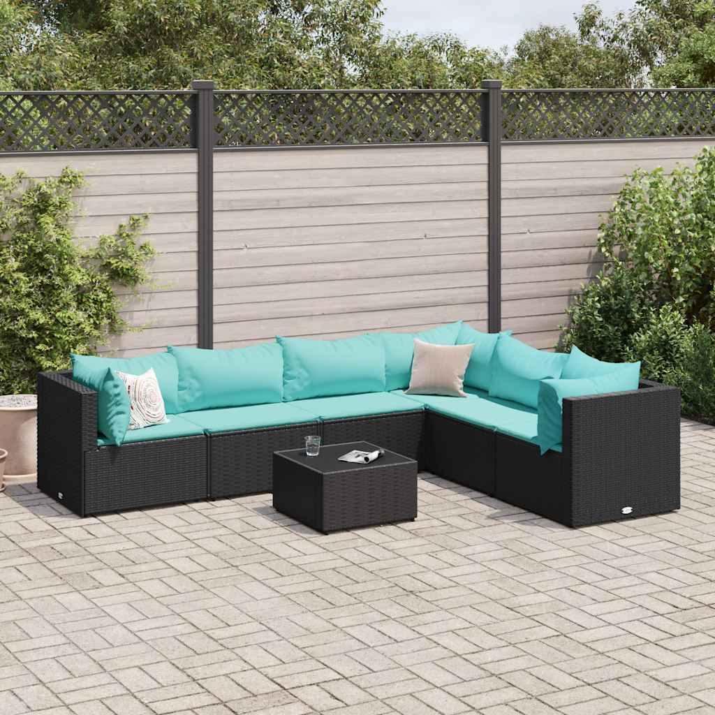 Vetonek Set de muebles de jardín y cojines 7 pzas ratán sintético negro