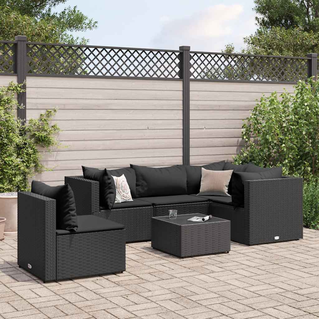 Vetonek Set muebles de jardín 6 piezas y cojines ratán sintético negro