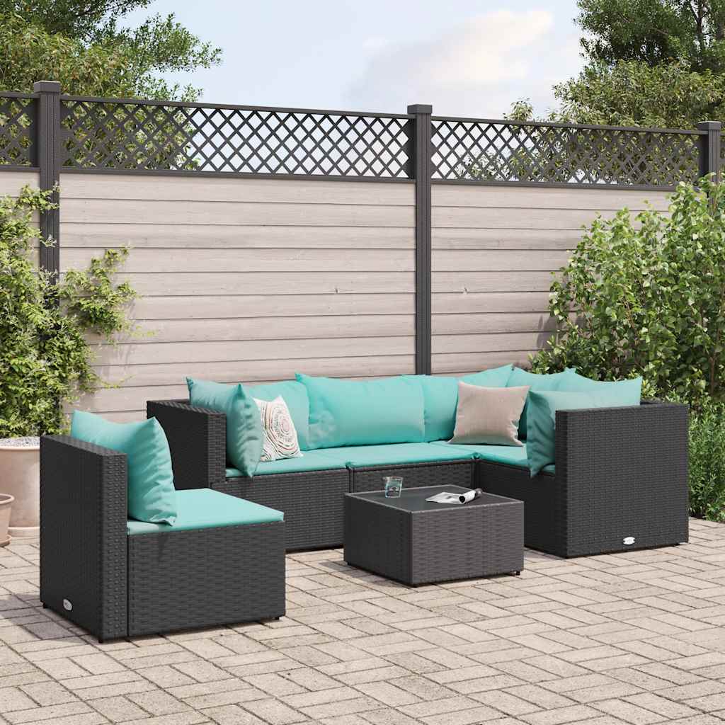 Vetonek Set muebles de jardín 6 piezas y cojines ratán sintético negro