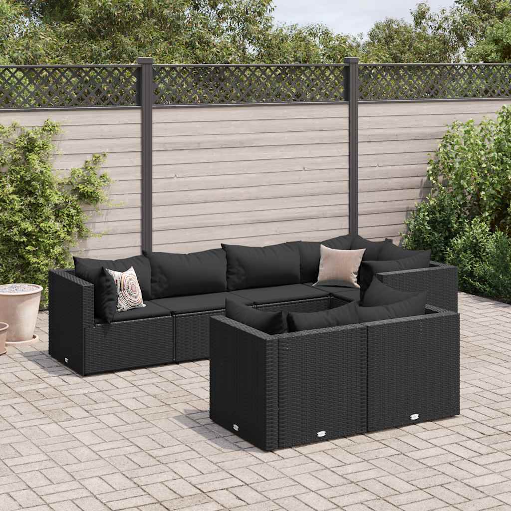 Vetonek Set de muebles de jardín y cojines 7 pzas ratán sintético negro