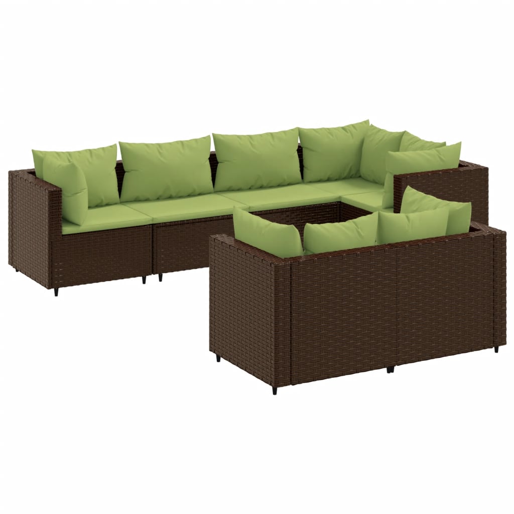 Set muebles de jardín 7 piezas y cojines ratán sintético marrón