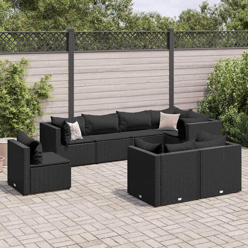 Vetonek Set de muebles de jardín 8 pzas y cojines ratán sintético negro