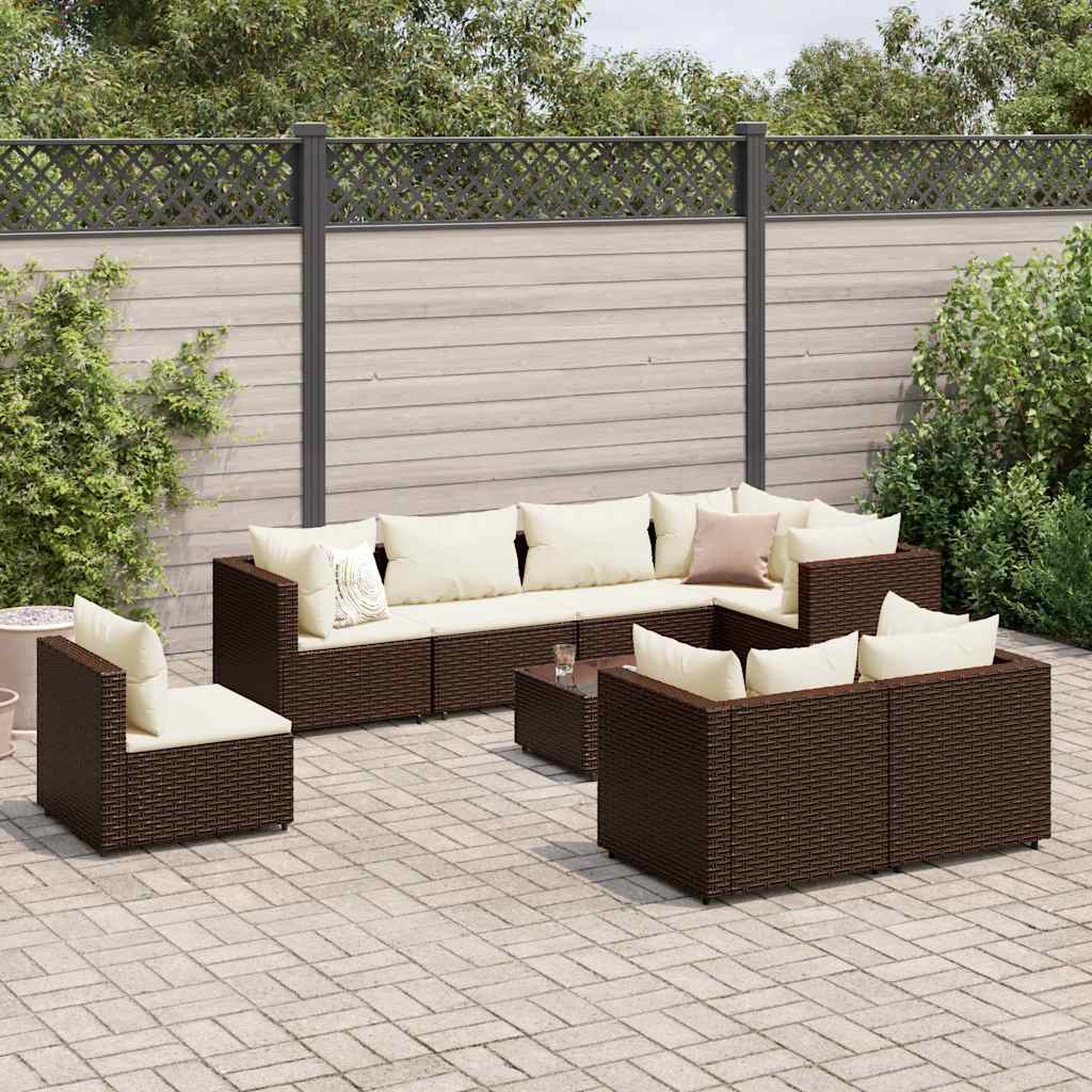 Vetonek Set muebles de jardín 9 piezas y cojines ratán sintético marrón