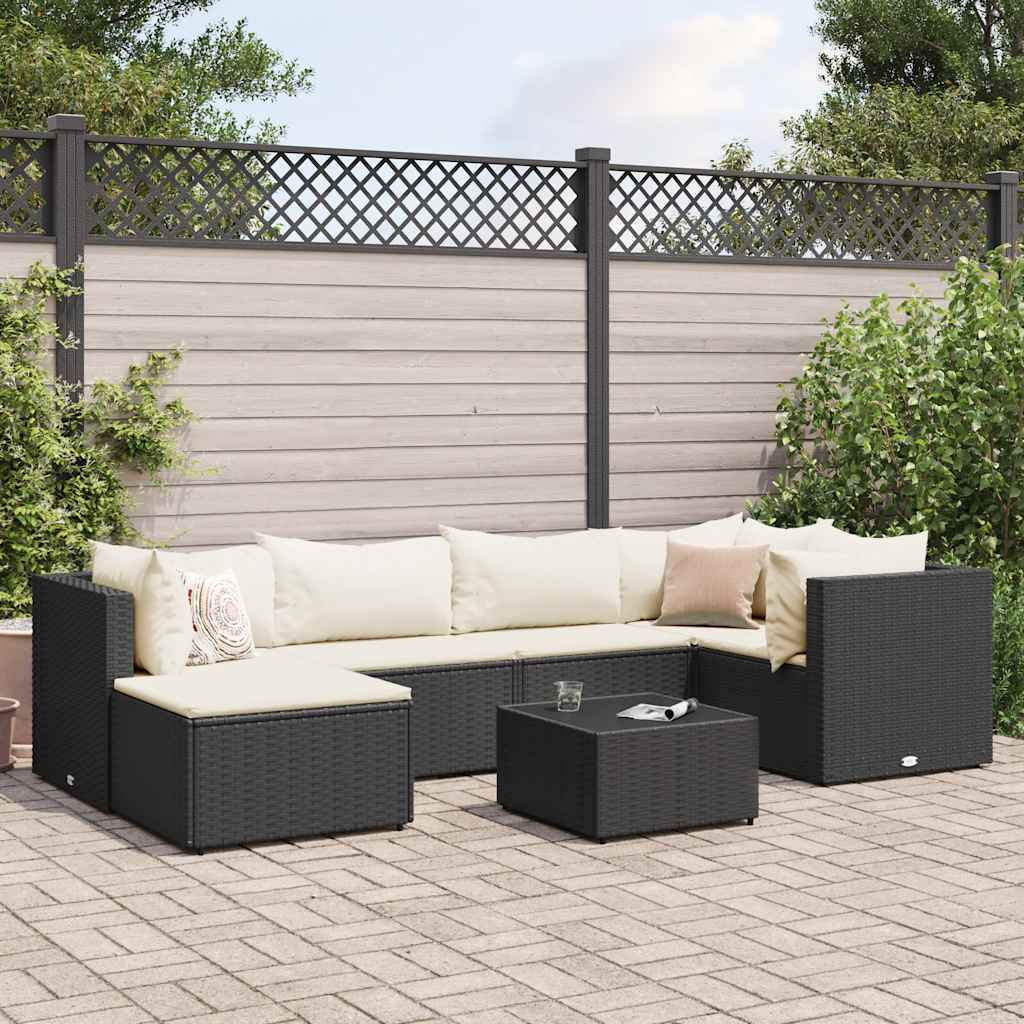 Vetonek Set de muebles de jardín y cojines 7 pzas ratán sintético negro