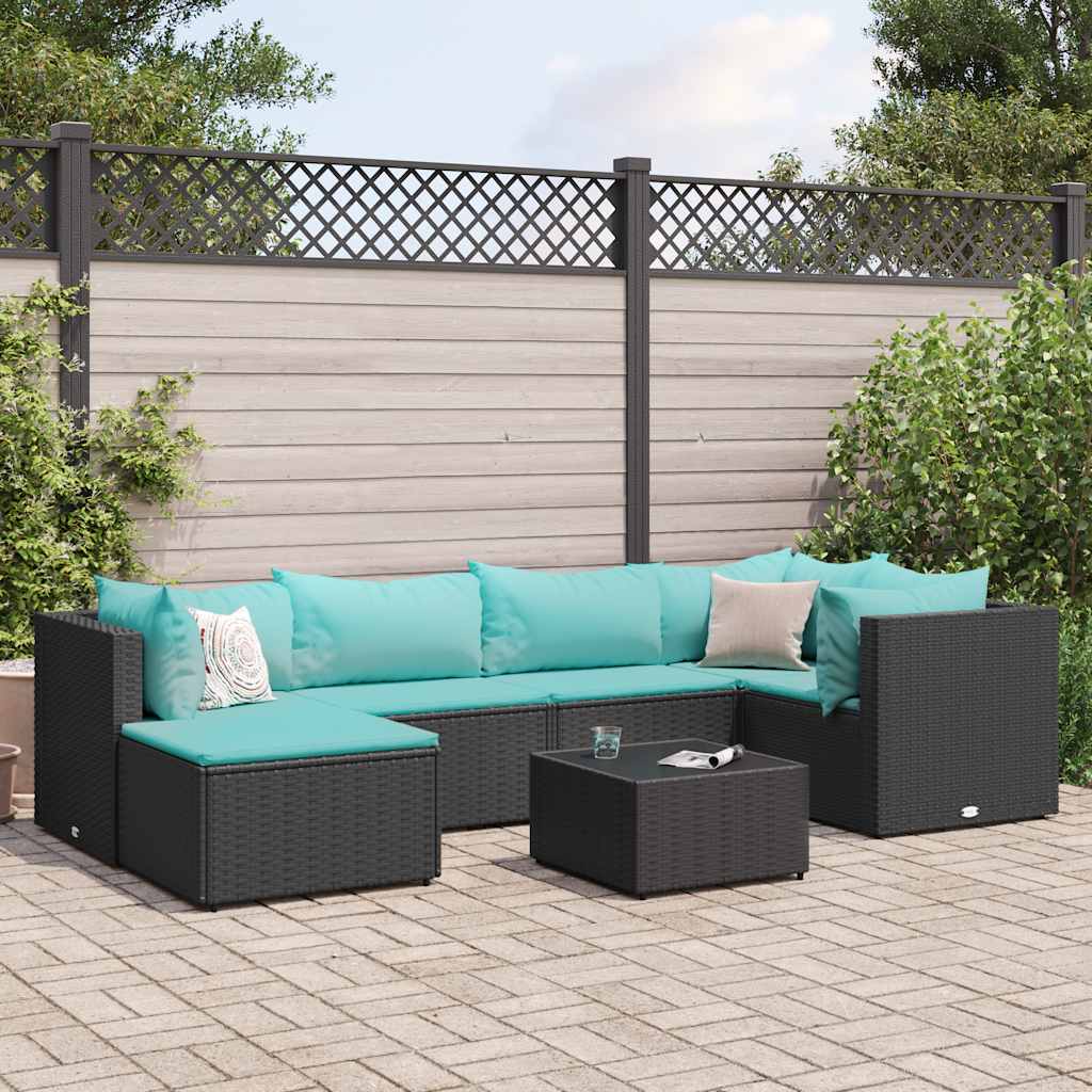 Vetonek Set de muebles de jardín y cojines 7 pzas ratán sintético negro