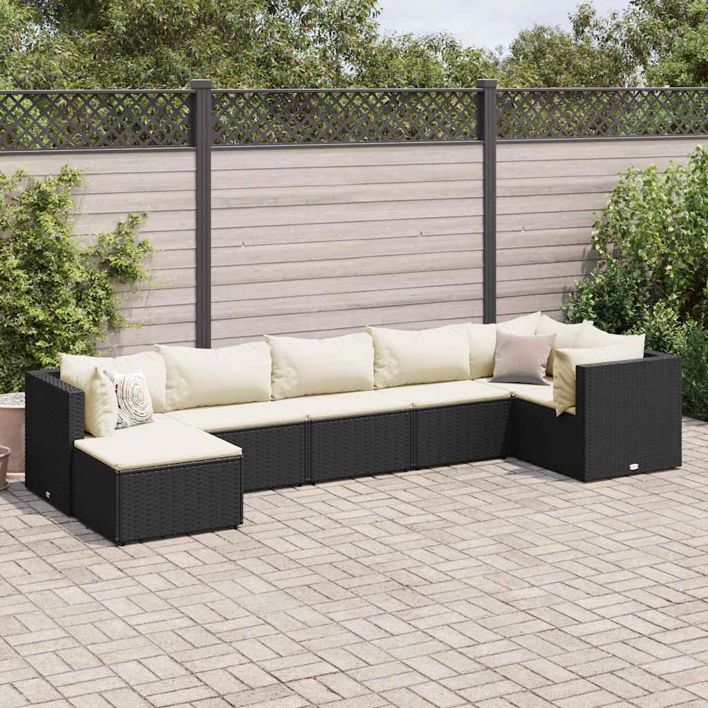 Vetonek Set de muebles de jardín y cojines 7 pzas ratán sintético negro