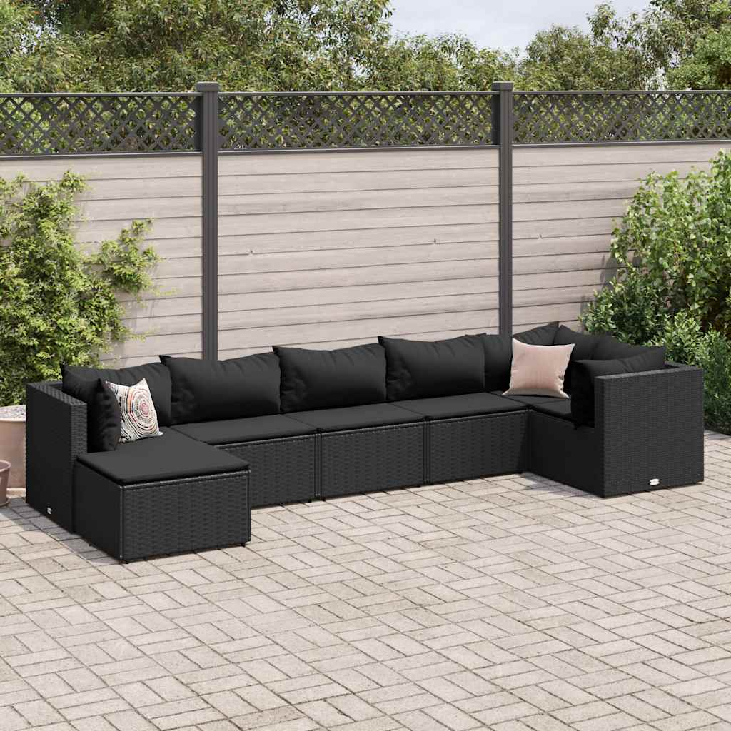 Vetonek Set de muebles de jardín y cojines 7 pzas ratán sintético negro