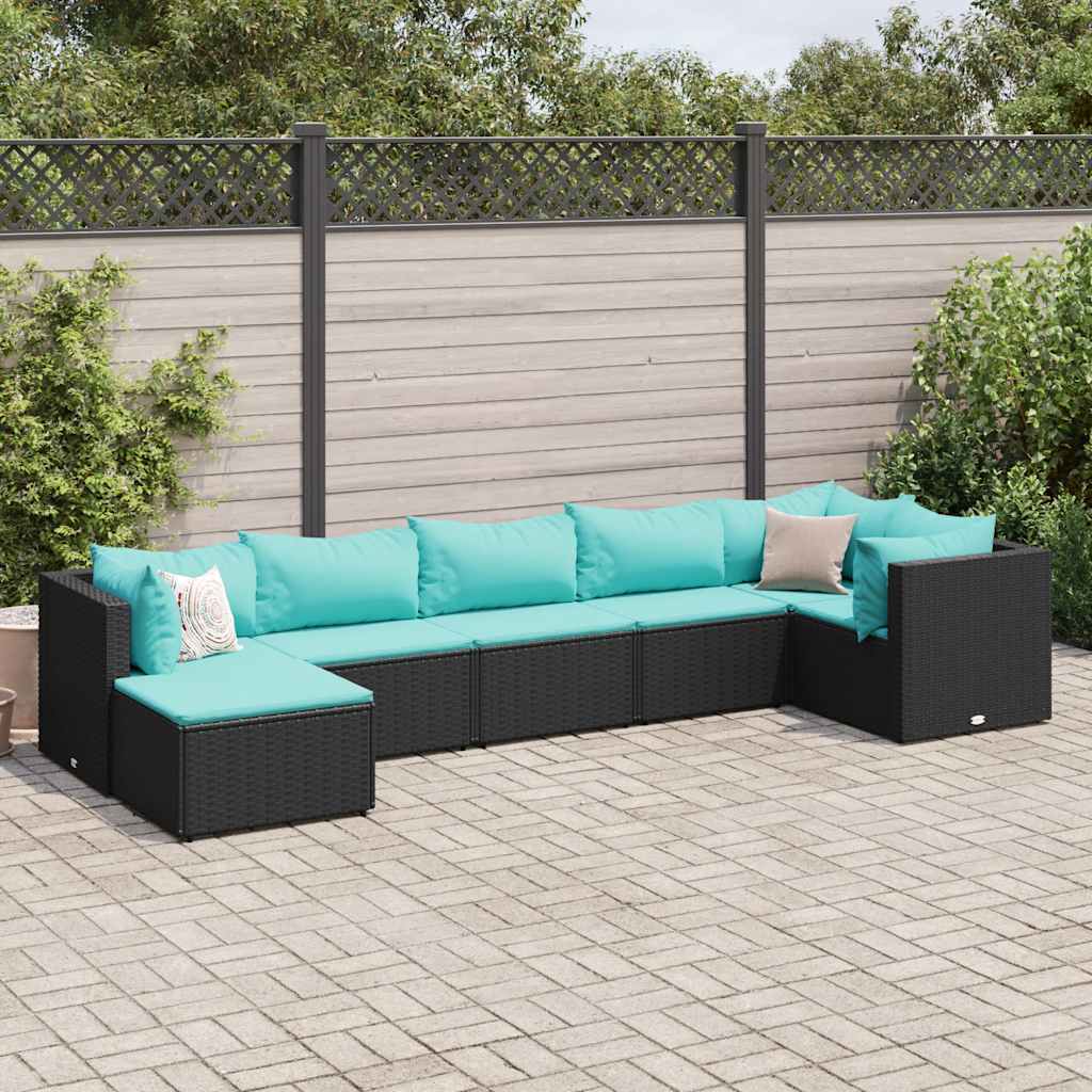 Vetonek Set de muebles de jardín y cojines 7 pzas ratán sintético negro