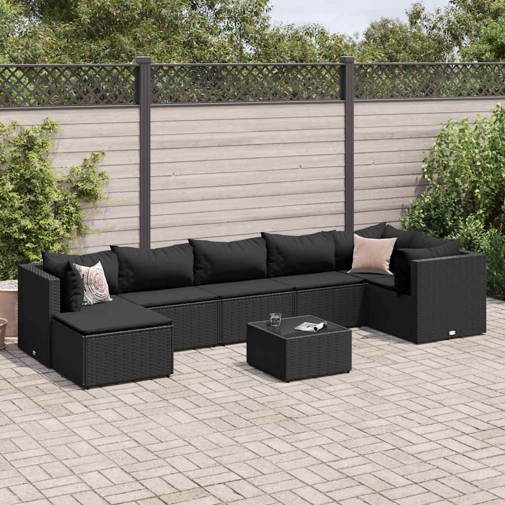 Vetonek Set de muebles de jardín 8 pzas y cojines ratán sintético negro