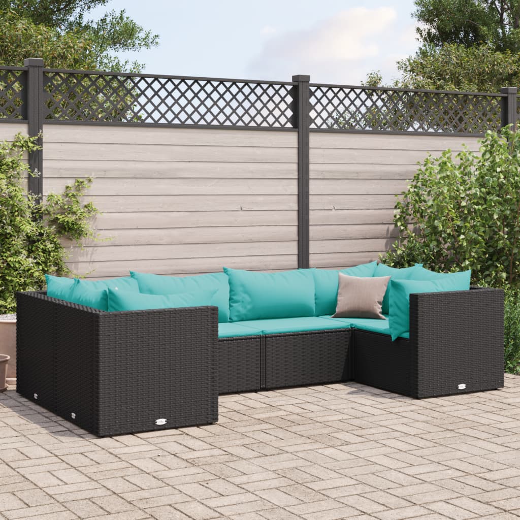 Set muebles de jardín 6 piezas y cojines ratán sintético negro