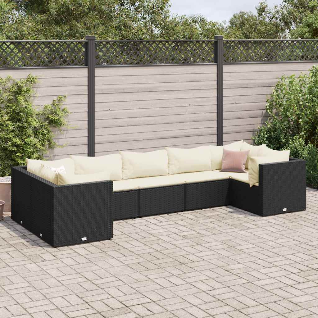 Vetonek Set de muebles de jardín y cojines 7 pzas ratán sintético negro