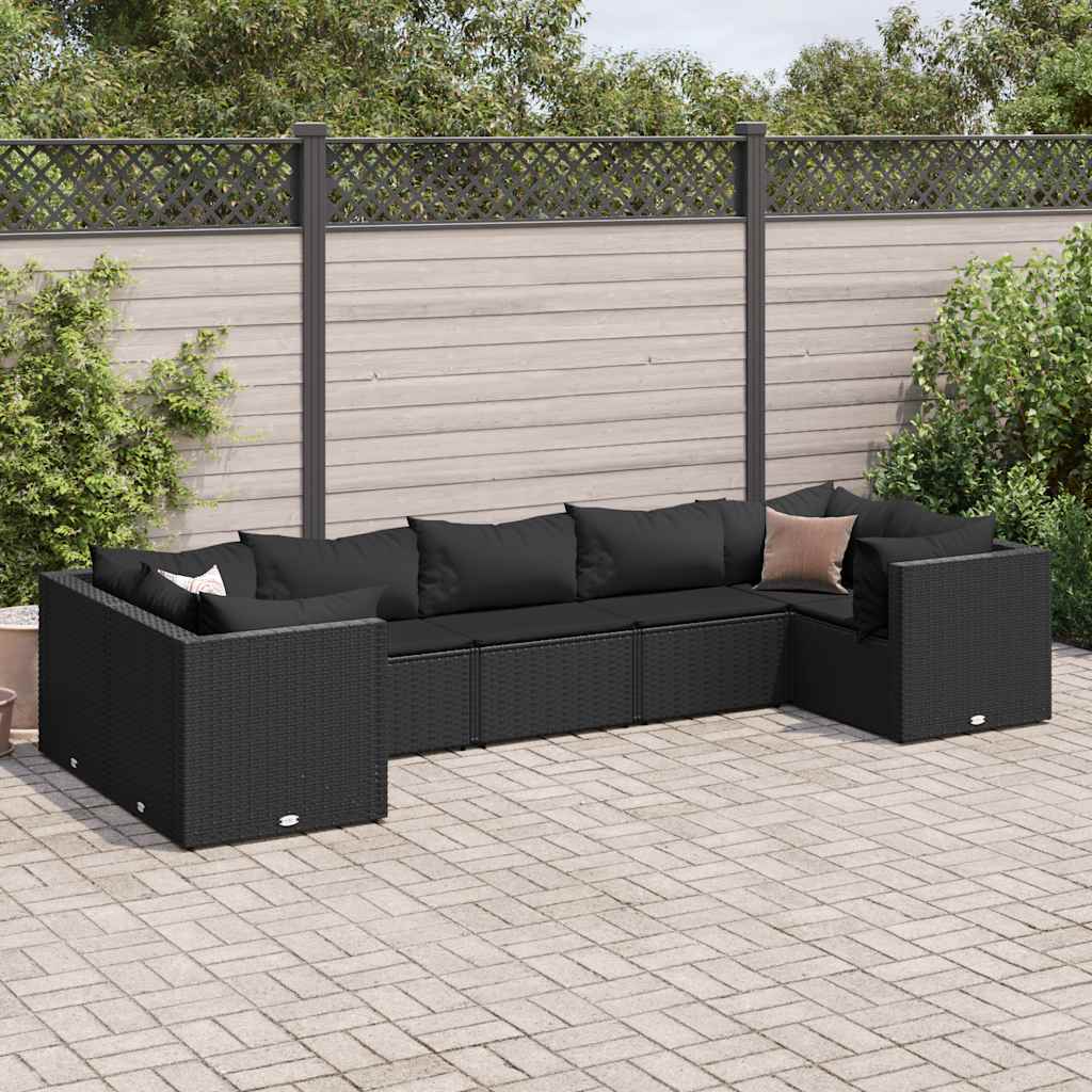 Vetonek Set de muebles de jardín y cojines 7 pzas ratán sintético negro