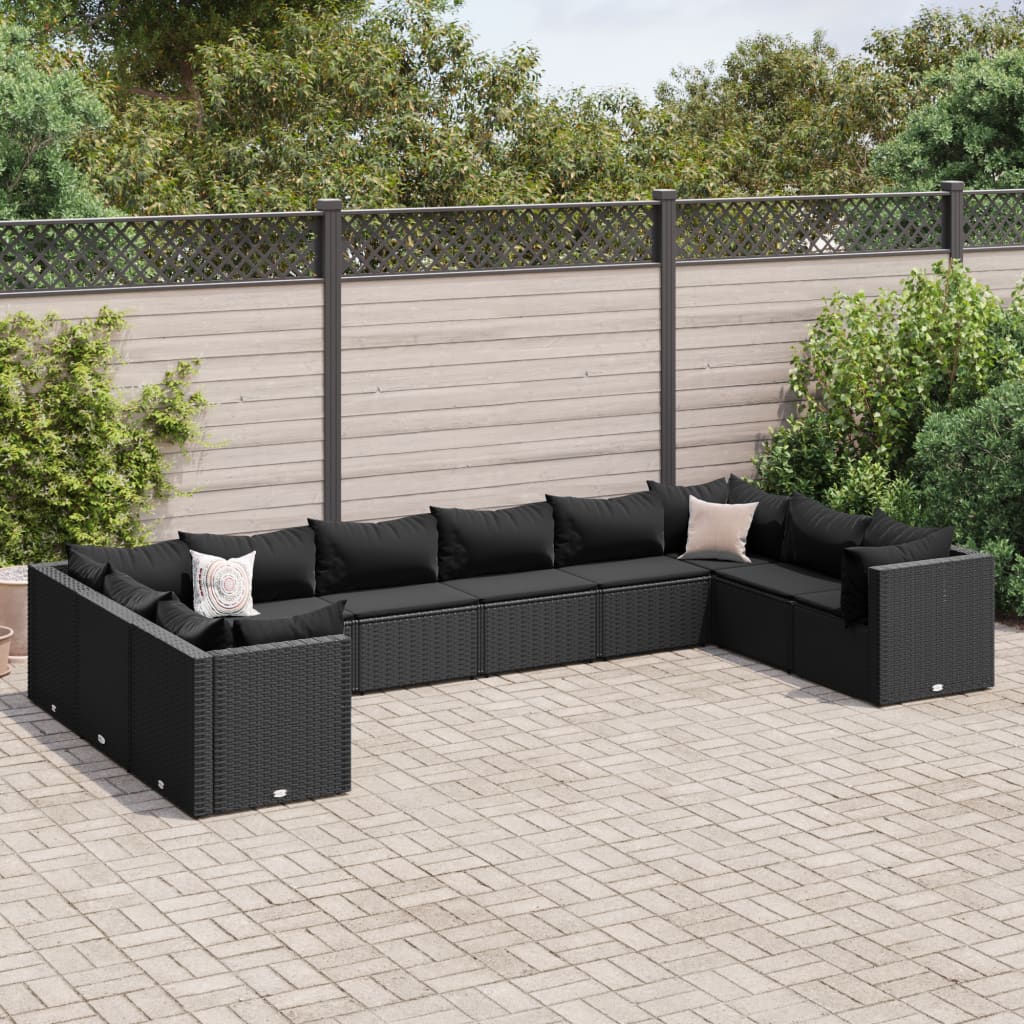 Vetonek Set de muebles de jardín 10 pzas cojines ratán sintético negro