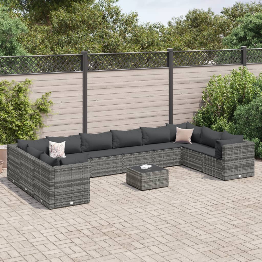 Vetonek Set de muebles de jardín 11 pzas y cojines ratán sintético gris