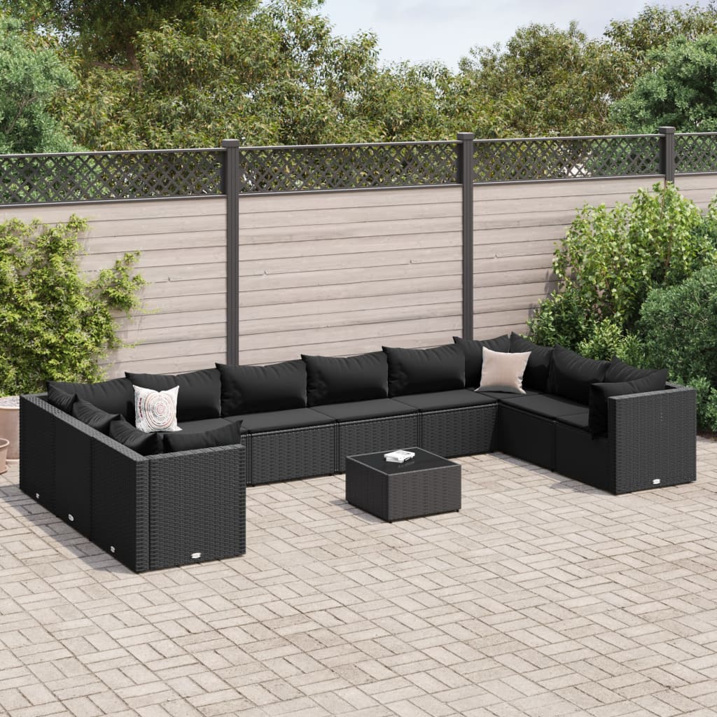 Vetonek Set muebles de jardín 11 pzas y cojines ratán sintético negro