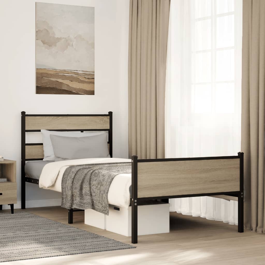 Estructura de cama de madera roble Sonoma 80x200 cm en dormitorio moderno, con decoración elegante y luminosa.