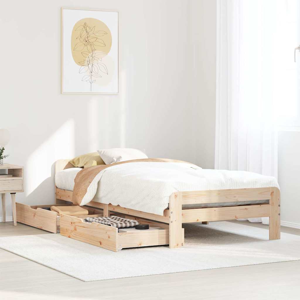 Estructura de cama de madera maciza de pino, modelo 90x200 cm, con cajones de almacenamiento y decoración minimalista.