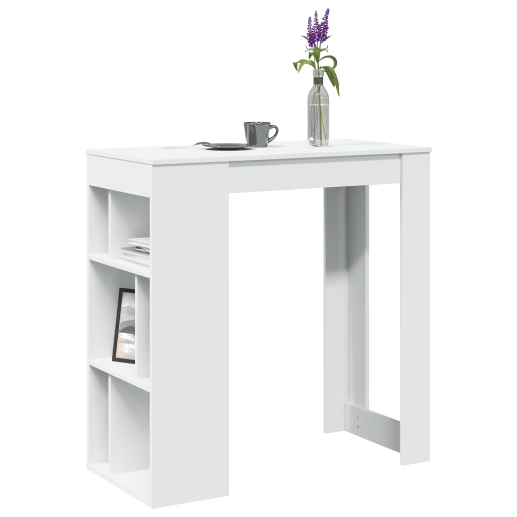 Mesa bar blanca con estantes de madera de ingeniería, ideal para almacenamiento y diseño moderno en espacios reducidos.