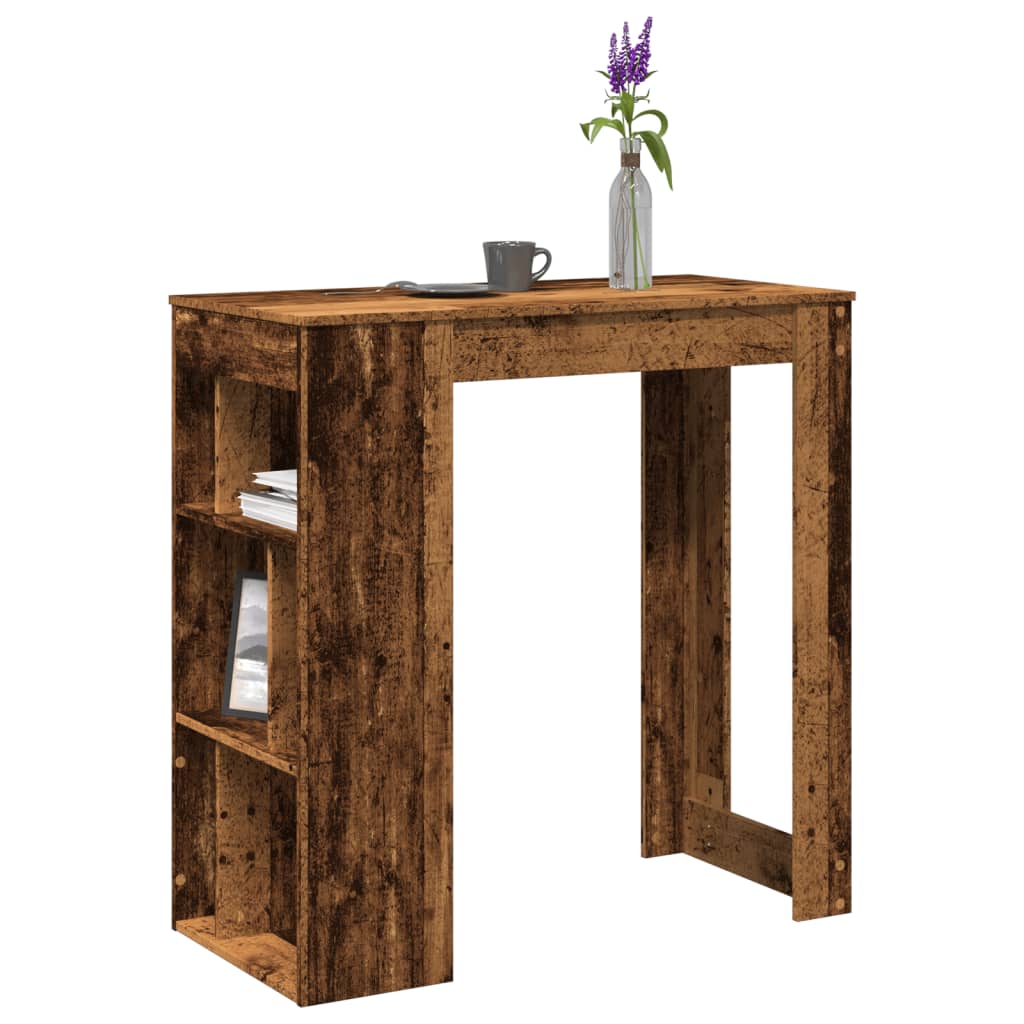 Mesa de bar de madera ingeniería envejecida con estantes, ideal para almacenamiento y decoración en espacios pequeños.