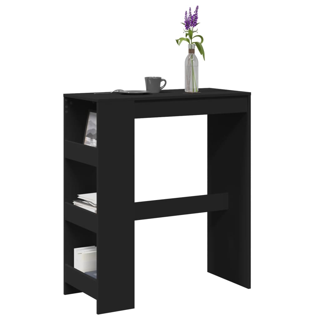 Mesa alta negra con estantes de madera de ingeniería, ideal para bar y almacenamiento, dimensiones 90x40x103,5 cm.