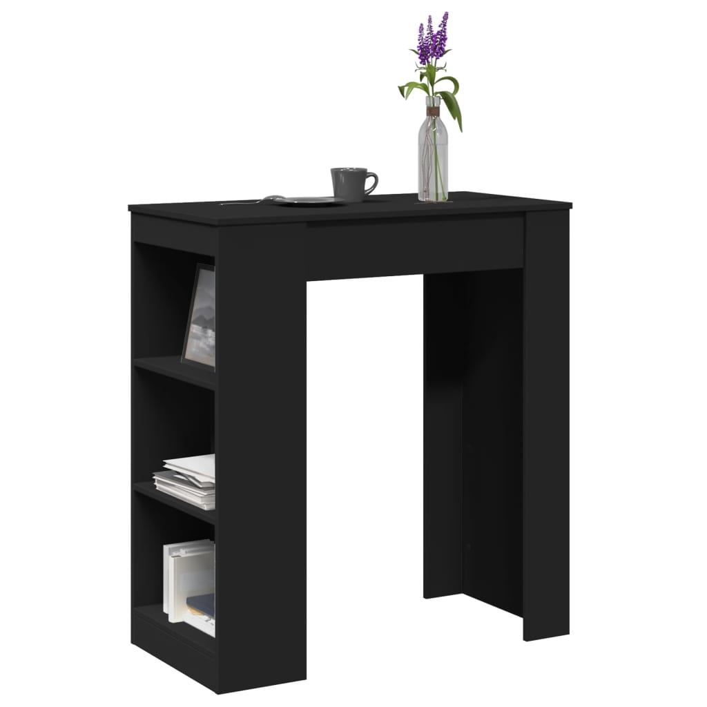 Mesa alta negra con estantes de madera de ingeniería, ideal para bar o espacio de trabajo, con decoración y almacenamiento práctico.