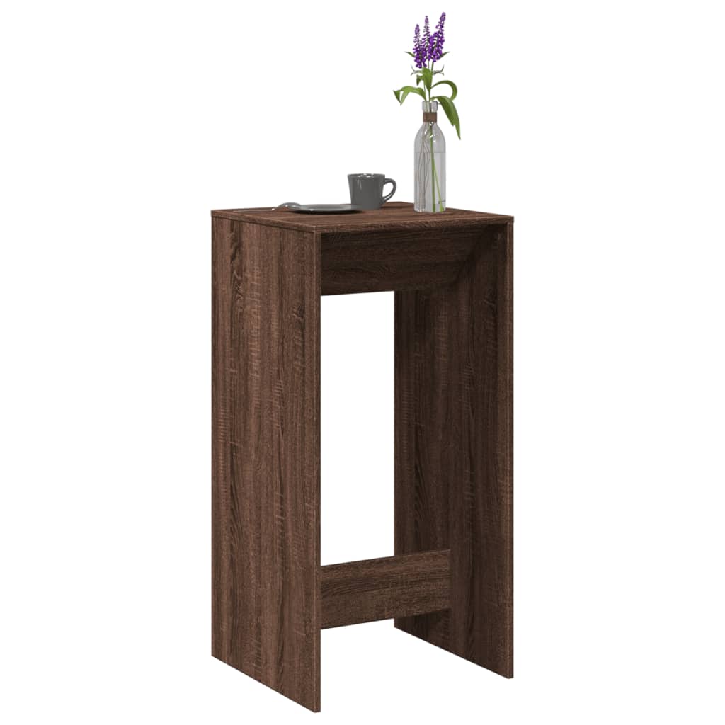 Mesa alta de bar de madera de ingeniería marrón con decoración de flores y taza, 51x50x103,5 cm.