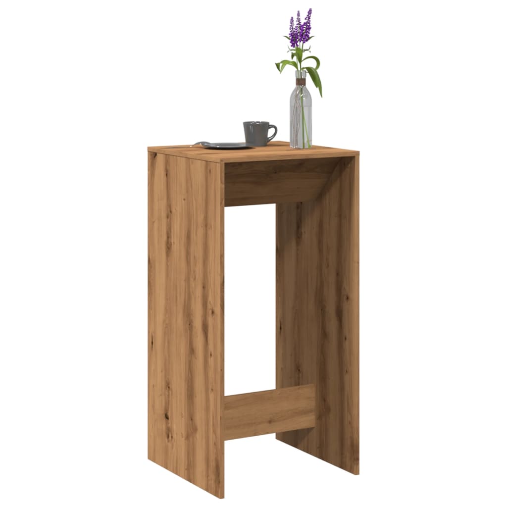 Mesa alta de bar de madera con decoración y vaso de flores, diseño moderno y práctico para cualquier espacio.